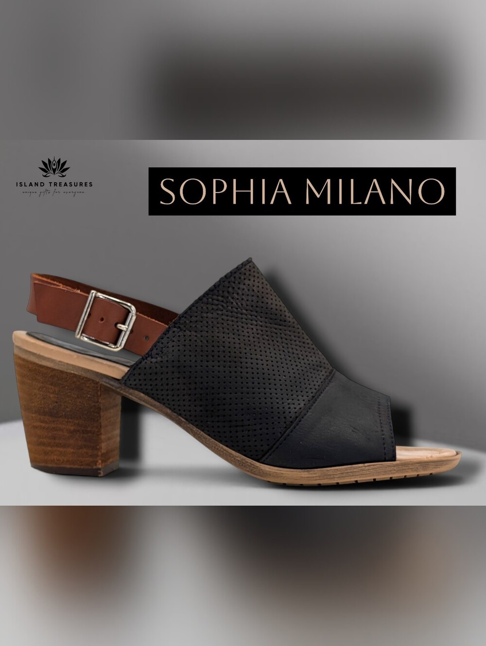 Sophia Milano Sz 8 Black Perforated Leather Slingback Block Heel Sandal Open Toe